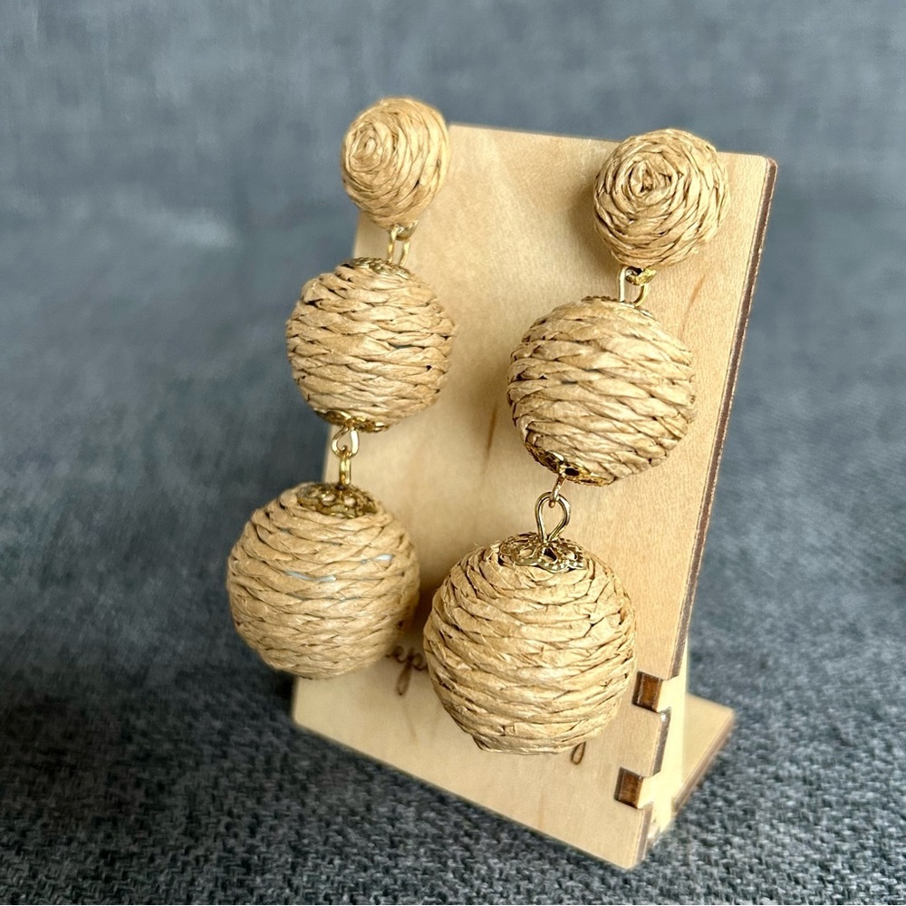 Rattan Covered, Dangling Drop Sphere Stud Earrings, Tan, Gold - Picture 12 of 17
